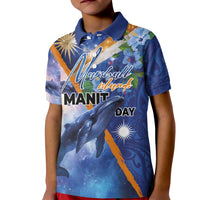 Marshall Islands Manit Day Kid Polo Shirt Grunge National Flag with Whales and Tribal Tattoos - Polynesian Pride