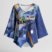 Marshall Islands Manit Day Kimono Sleeve Blouse Grunge National Flag with Whales and Tribal Tattoos - Polynesian Pride