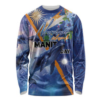 Marshall Islands Manit Day Long Sleeve Shirt Grunge National Flag with Whales and Tribal Tattoos - Polynesian Pride