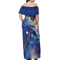 Marshall Islands Manit Day Off Shoulder Maxi Dress Grunge National Flag with Whales and Tribal Tattoos - Polynesian Pride