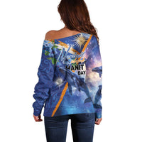 Marshall Islands Manit Day Off Shoulder Sweater Grunge National Flag with Whales and Tribal Tattoos - Polynesian Pride