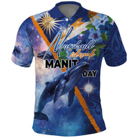 Marshall Islands Manit Day Polo Shirt Grunge National Flag with Whales and Tribal Tattoos - Polynesian Pride