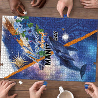 Marshall Islands Manit Day Puzzle Grunge National Flag with Whales and Tribal Tattoos - Polynesian Pride