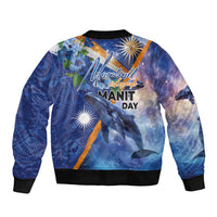 Marshall Islands Manit Day Sleeve Zip Bomber Jacket Grunge National Flag with Whales and Tribal Tattoos - Polynesian Pride