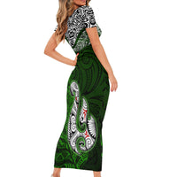Aotearoa New Zealand Short Sleeve Bodycon Dress Silver Fern and Matau with Maori Tribal Green Style LT03 - Polynesian Pride