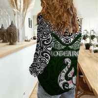 Aotearoa New Zealand Women Casual Shirt Silver Fern and Matau with Maori Tribal Green Style LT03 - Polynesian Pride