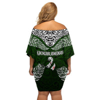 Custom Aotearoa New Zealand Off Shoulder Short Dress Silver Fern and Matau with Maori Tribal Green Style LT03 - Polynesian Pride