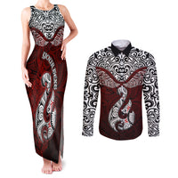 Custom Aotearoa New Zealand Couples Matching Tank Maxi Dress and Long Sleeve Button Shirts Silver Fern and Matau with Maori Tribal Red Style LT03 Red - Polynesian Pride