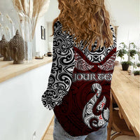 Custom Aotearoa New Zealand Women Casual Shirt Silver Fern and Matau with Maori Tribal Red Style LT03 - Polynesian Pride