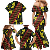 Samoan Culture Family Matching Mermaid Dress and Hawaiian Shirt Hibiscus and Ula Fala with Tapa Pattern Black Color