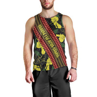 Samoan Culture Men Tank Top Hibiscus and Ula Fala with Tapa Pattern Black Color