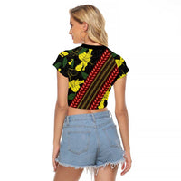 Samoan Culture Raglan Cropped T Shirt Hibiscus and Ula Fala with Tapa Pattern Black Color