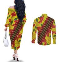 Samoan Culture Couples Matching Off The Shoulder Long Sleeve Dress and Long Sleeve Button Shirt Hibiscus and Ula Fala with Tapa Pattern YellowColor