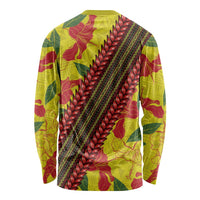 Samoan Culture Long Sleeve Shirt Hibiscus and Ula Fala with Tapa Pattern YellowColor LT03 - Polynesian Pride