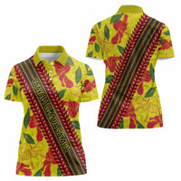 Samoan Culture Women Polo Shirt Hibiscus and Ula Fala with Tapa Pattern YellowColor