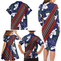 Samoan Culture Family Matching Long Sleeve Bodycon Dress and Hawaiian Shirt Hibiscus and Ula Fala with Tapa Pattern Blue Color