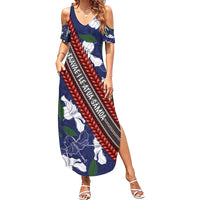 Samoan Culture Summer Maxi Dress Hibiscus and Ula Fala with Tapa Pattern Blue Color LT03 Women Blue - Polynesian Pride