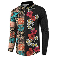 Hawaiian Hibiscus and Tropical Leaves Button Sweatshirt Patchwork Grunge Abstract Vintage Style