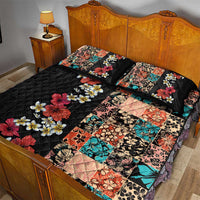 Hawaiian Hibiscus and Tropical Leaves Quilt Bed Set Patchwork Grunge Abstract Vintage Style