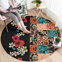 Hawaiian Hibiscus and Tropical Leaves Round Carpet Patchwork Grunge Abstract Vintage Style LT03 - Polynesian Pride