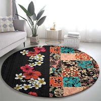 Hawaiian Hibiscus and Tropical Leaves Round Carpet Patchwork Grunge Abstract Vintage Style LT03 - Polynesian Pride