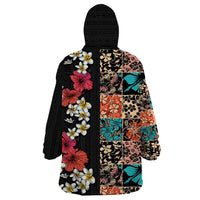 Hawaiian Hibiscus and Tropical Leaves Wearable Blanket Hoodie Patchwork Grunge Abstract Vintage Style