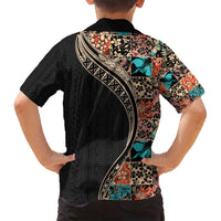 Hawaiian Hibiscus and Tropical Leaves Family Matching Summer Maxi Dress and Hawaiian Shirt Patchwork Grunge Abstract and Tapa Tribal Pattern Half Style