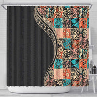 Hawaiian Hibiscus and Tropical Leaves Shower Curtain Patchwork Grunge Abstract and Tapa Tribal Pattern Half Style