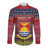 Personalised Kiribati Christmas Long Sleeve Button Shirt Coat of Arms and Map Beautiful Merry Xmas Snowflake LT03 Unisex Red - Polynesian Pride