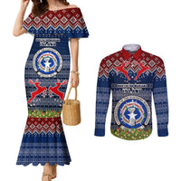 Personalised Northern Mariana Islands Christmas Couples Matching Mermaid Dress and Long Sleeve Button Shirts Coat of Arms and Map Beautiful Merry Xmas Snowflake LT03 Blue - Polynesian Pride