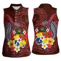 Tonga Humpback Whale Women Sleeveless Polo Shirt National Seal with Hibiscus and Polynesian Tattoo