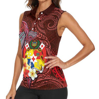 Tonga Humpback Whale Women Sleeveless Polo Shirt National Seal with Hibiscus and Polynesian Tattoo
