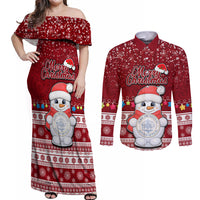 Palau Christmas Couples Matching Off Shoulder Maxi Dress and Long Sleeve Button Shirt Snowman and Palau Coat of Arms Maori Tribal Xmas Style LT03 Red - Polynesian Pride