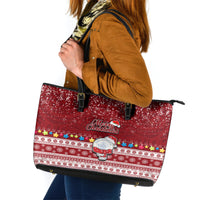Palau Christmas Leather Tote Bag Snowman and Palau Coat of Arms Maori Tribal Xmas Style LT03 Red - Polynesian Pride
