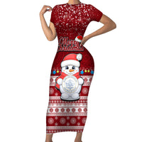 Personalised Palau Christmas Short Sleeve Bodycon Dress Snowman and Palau Coat of Arms Maori Tribal Xmas Style LT03 Long Dress Red - Polynesian Pride