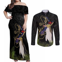 New Zealand Hoiho Couples Matching Off Shoulder Maxi Dress and Long Sleeve Button Shirt Maori Art Tattoo and Silver Fern