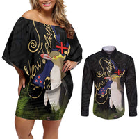 New Zealand Hoiho Couples Matching Off Shoulder Short Dress and Long Sleeve Button Shirt Maori Art Tattoo and Silver Fern