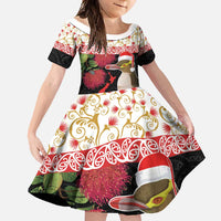 New Zealand Merry Christmas Family Matching Short Sleeve Bodycon Dress and Hawaiian Shirt Hoiho Xmas - Haka Dance and Pohutukawa LT03 Daughter's Dress White - Polynesian Pride