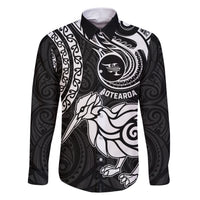 Personalised New Zealand Family Matching Short Sleeve Bodycon Dress and Hawaiian Shirt Stylized Kiwi Bird Tattoo Mix Koru Circle and Maori Ethnic Vibe LT03 Dad's Shirt - Long Sleeve Black - Polynesian Pride