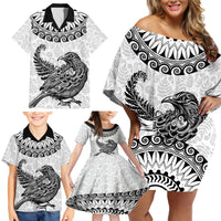 Custom New Zealand Family Matching Off Shoulder Short Dress and Hawaiian Shirt Tui Bird and Koru Circle Mix Silver Fern Pattern LT03 - Polynesian Pride