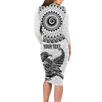 Custom New Zealand Long Sleeve Bodycon Dress Tui Bird and Koru Circle Mix Silver Fern Pattern LT03 - Polynesian Pride
