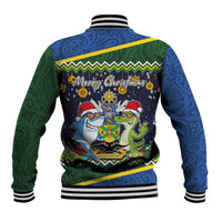 Funny Crocodile and Shark Solomon Islands Christmas Baseball Jacket with National Seal Melanesian Pattern