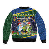 Funny Crocodile and Shark Solomon Islands Christmas Bomber Jacket with National Seal Melanesian Pattern