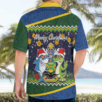 Funny Crocodile and Shark Solomon Islands Christmas Hawaiian Shirt with National Seal Melanesian Pattern