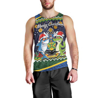 Funny Crocodile and Shark Solomon Islands Christmas Men Tank Top with National Seal Melanesian Pattern