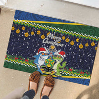 Funny Crocodile and Shark Solomon Islands Christmas Rubber Doormat with National Seal Melanesian Pattern
