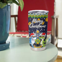 Funny Crocodile and Shark Solomon Islands Christmas Tumbler Cup with National Seal Melanesian Pattern
