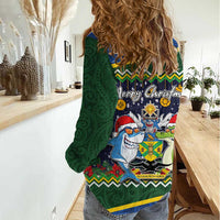 Funny Crocodile and Shark Solomon Islands Christmas Women Casual Shirt with National Seal Melanesian Pattern