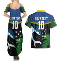 Custom Solomon Islands Rugby Couples Matching Summer Maxi Dress and Hawaiian Shirt Arty Shark and Crocodile Solomon Islands National Emblems
