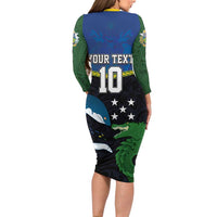 Custom Solomon Islands Rugby Long Sleeve Bodycon Dress Arty Shark and Crocodile Solomon Islands National Emblems
